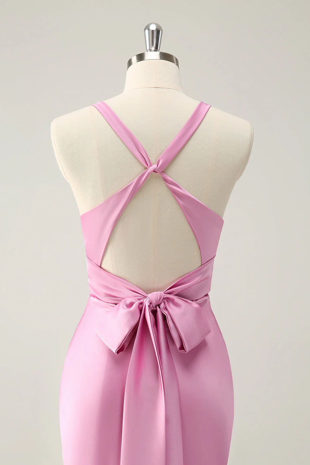 Pink Mermaid V Neck Satin Long Bridesmaid Dress - Image 7
