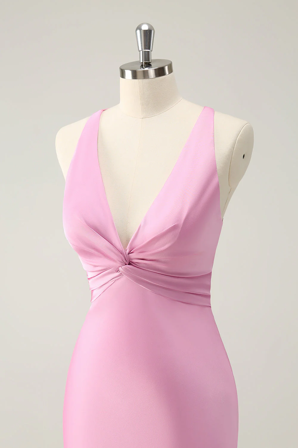 Pink Mermaid V Neck Satin Long Bridesmaid Dress - Image 8