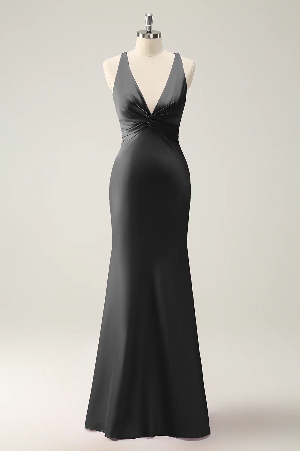 Pink Mermaid V Neck Satin Long Bridesmaid Dress - Image 9