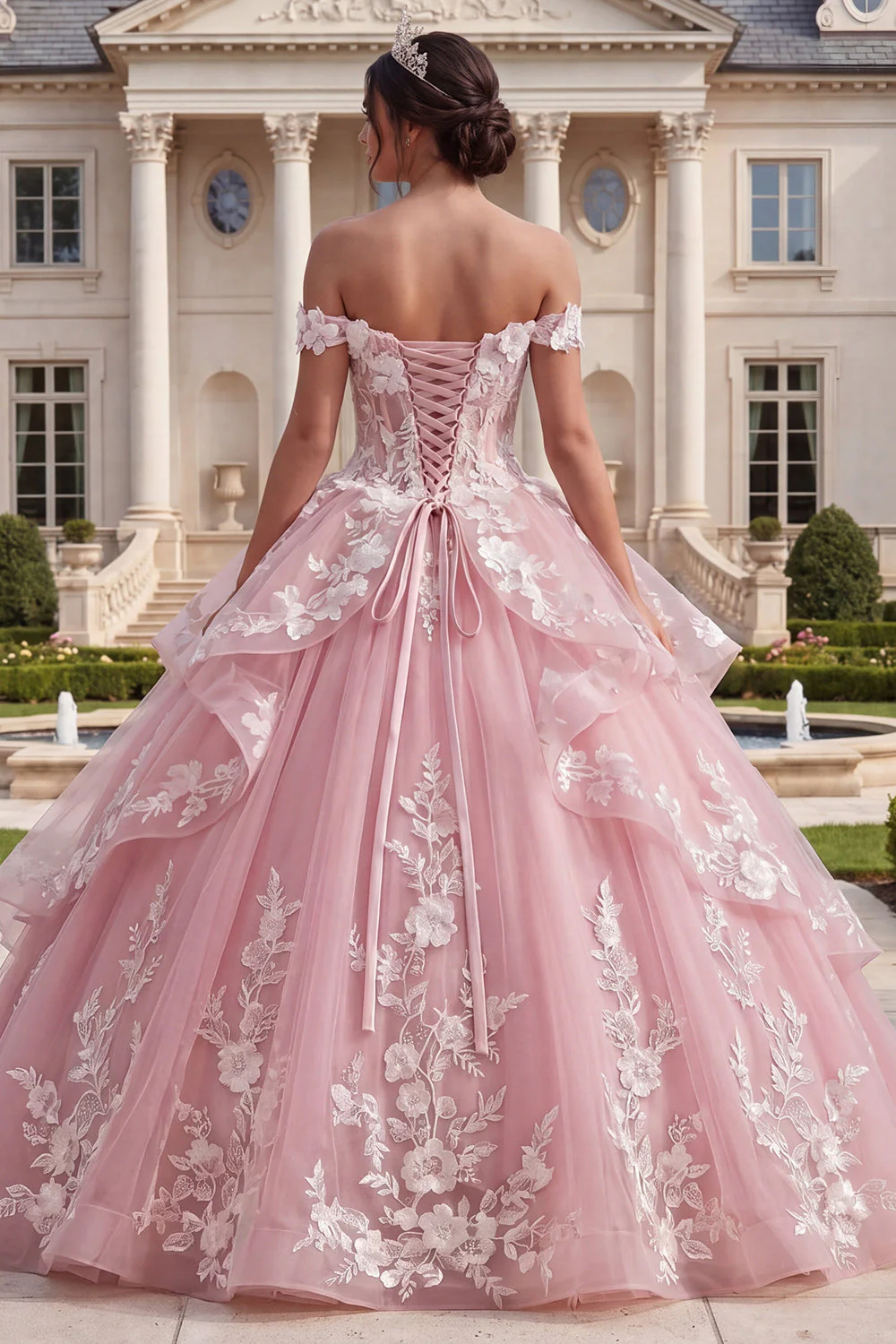 Pink Off the Shoulder Ruffled 3D Flowers Ball Gown Quinceanera Dress - Image 2