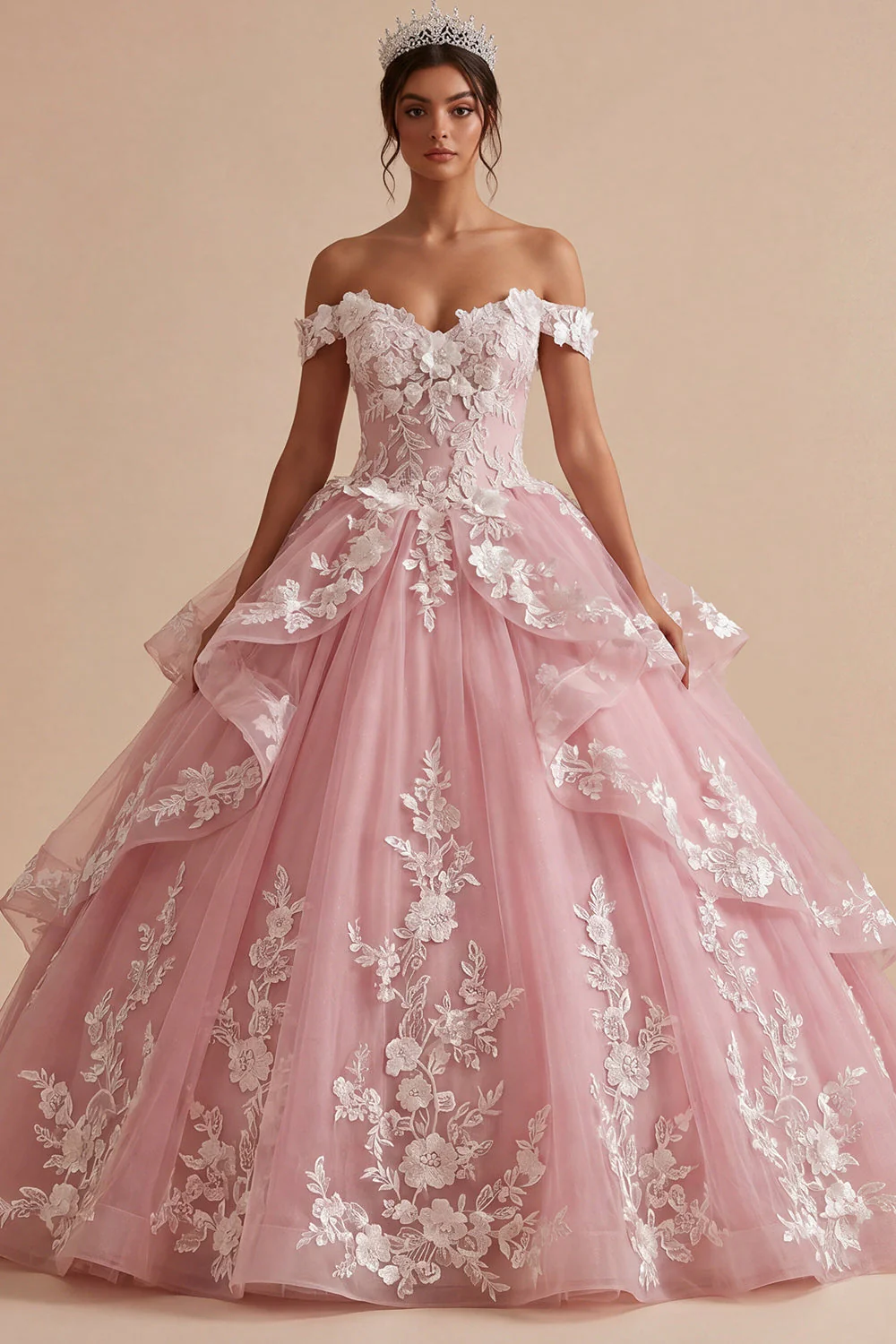 Pink Off the Shoulder Ruffled 3D Flowers Ball Gown Quinceanera Dress - Image 3