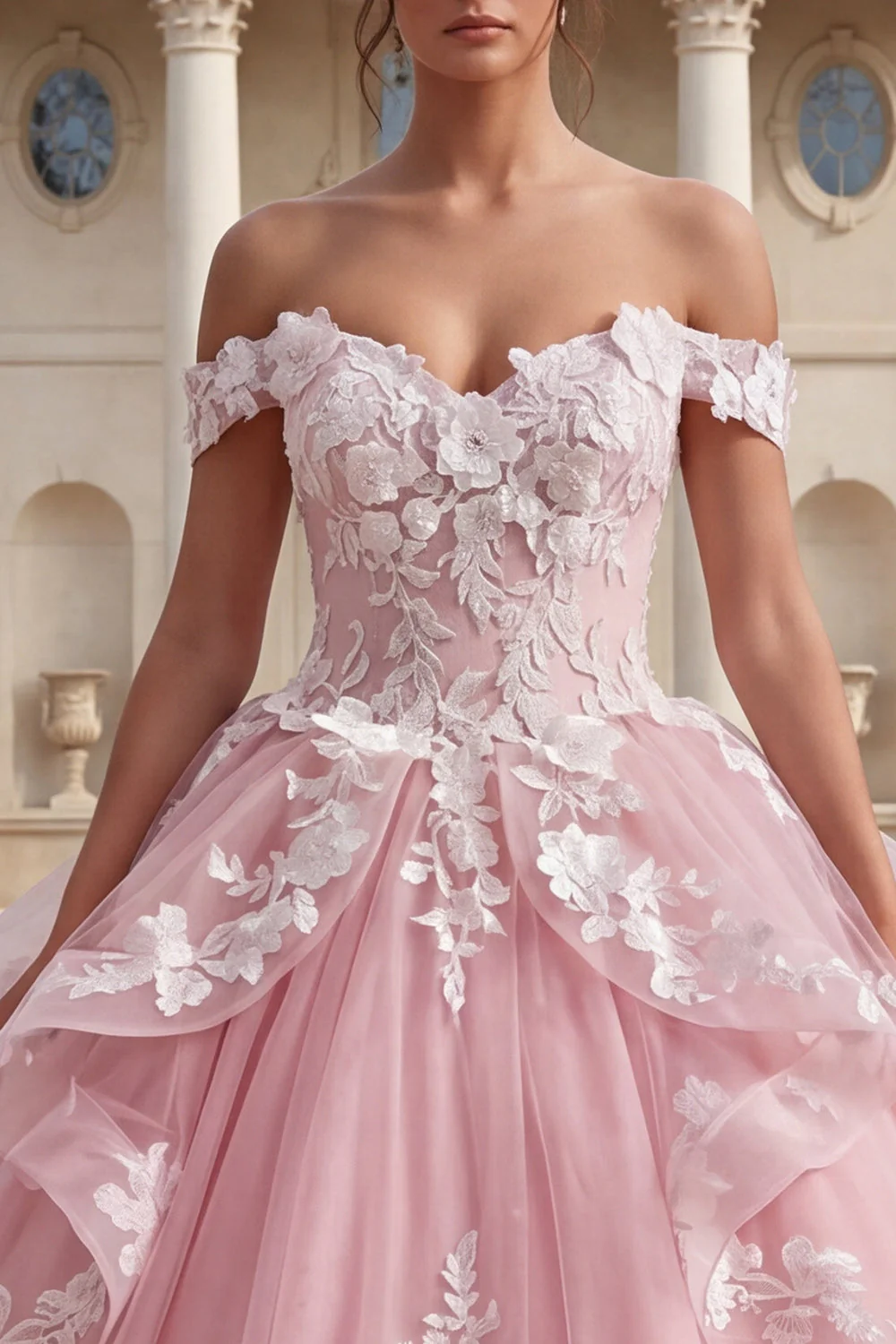 Pink Off the Shoulder Ruffled 3D Flowers Ball Gown Quinceanera Dress - Image 4