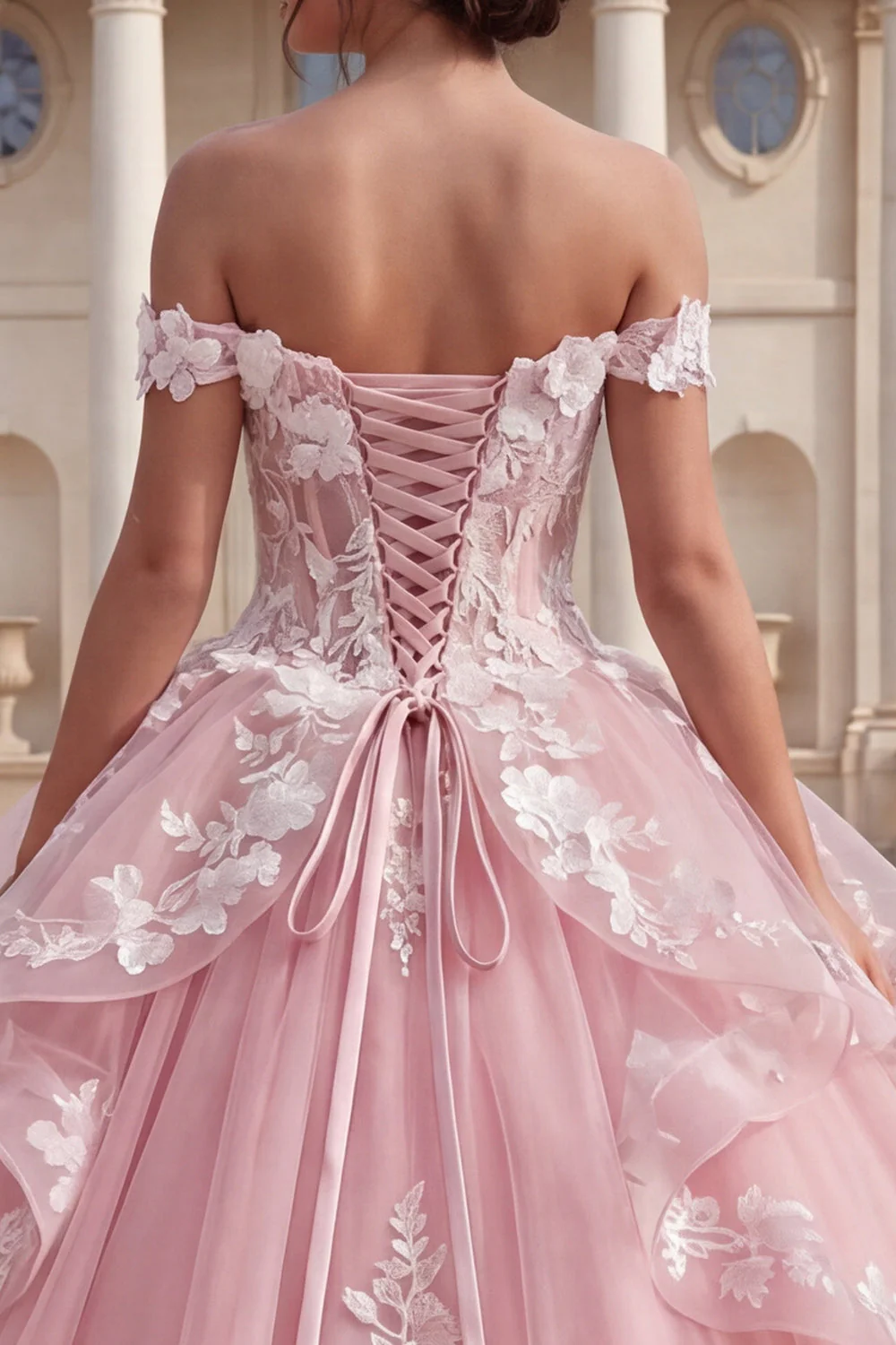 Pink Off the Shoulder Ruffled 3D Flowers Ball Gown Quinceanera Dress - Image 5