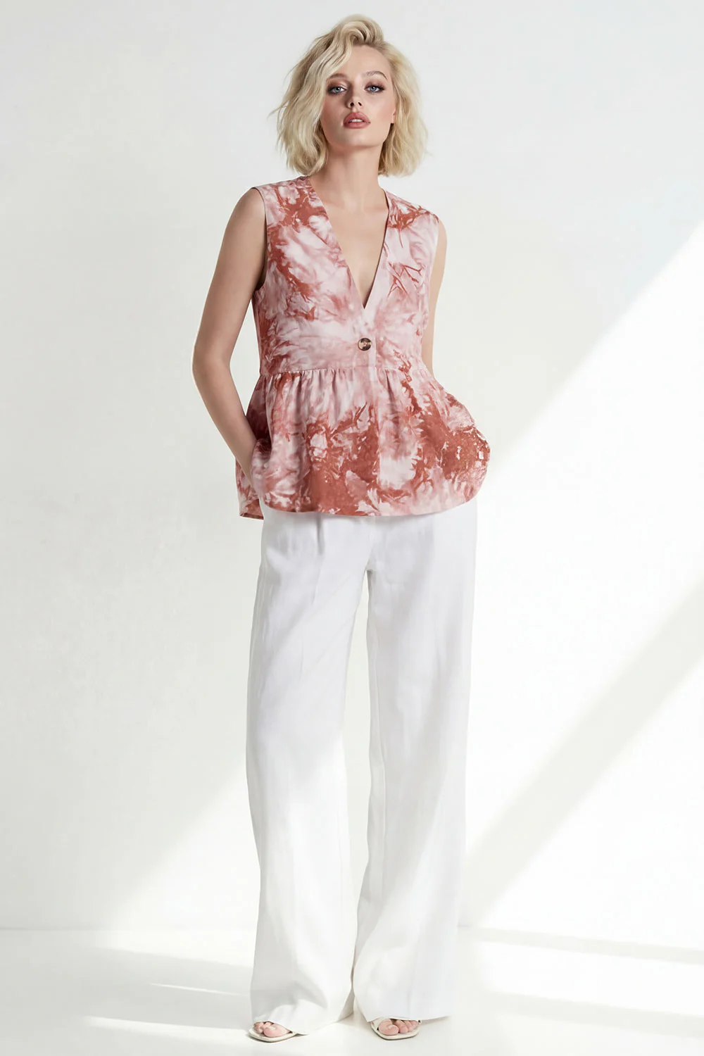 Pink V-Neck One Button 2 Piece Printed Women's Suits - Image 13