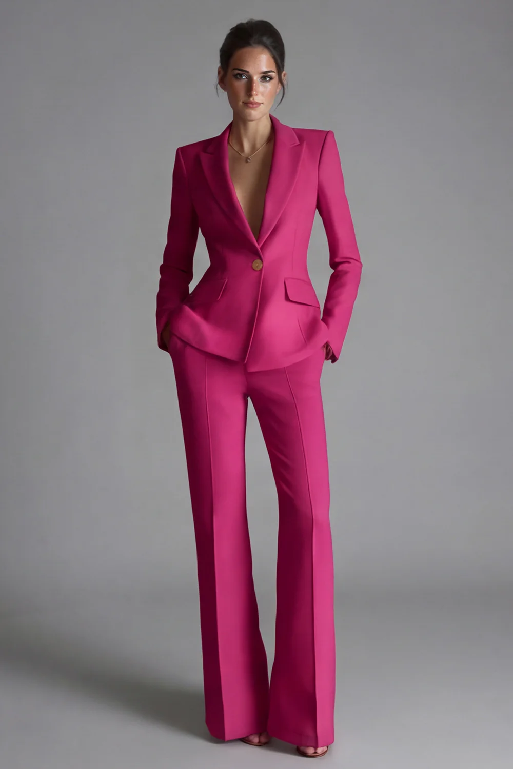 2 Piece Pink Peak Lapel Single Breasted Women's Work Suits - Image 13