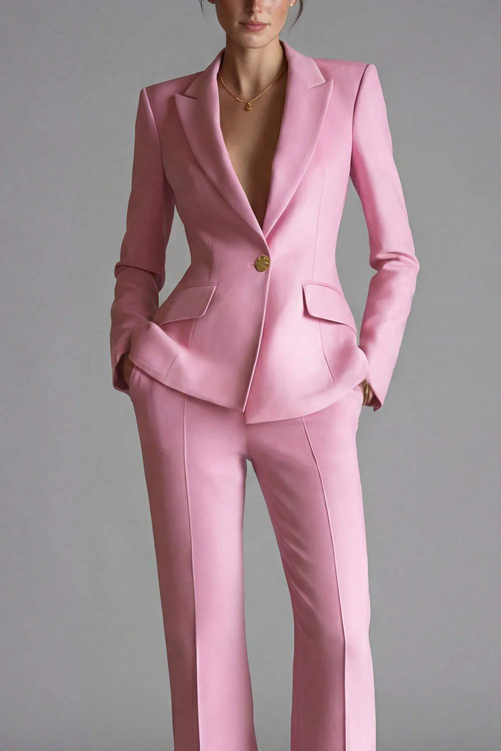 2 Piece Pink Peak Lapel Single Breasted Women's Work Suits - Image 3