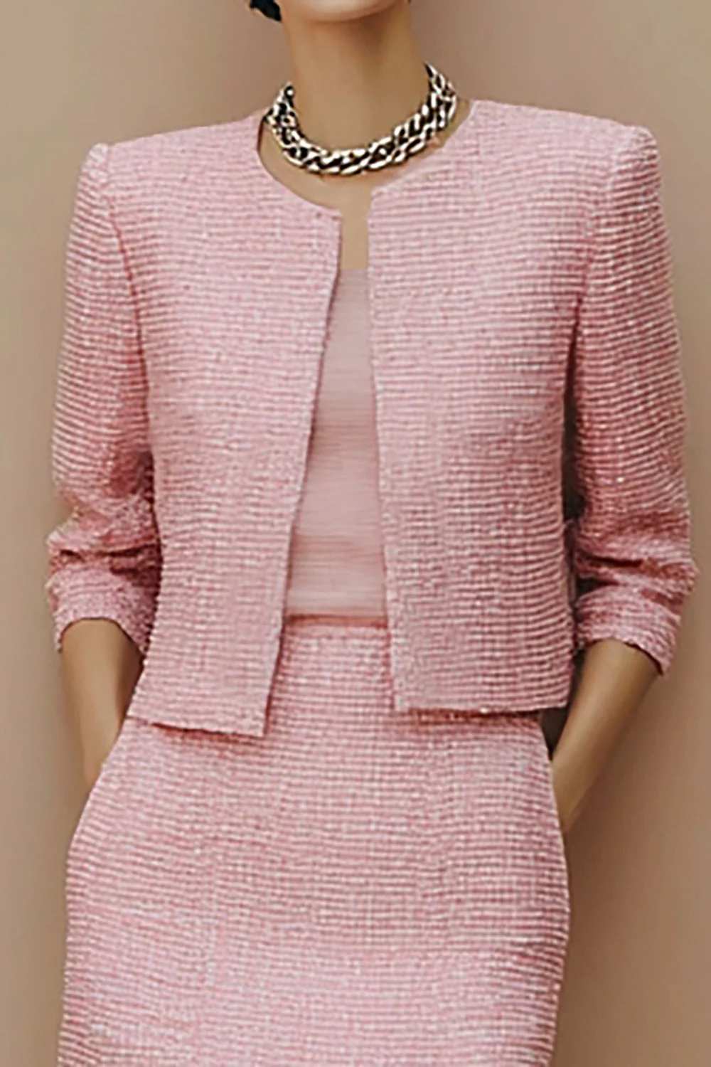Pink Pencil Tweed Midi 2 Piece Work Dress - Image 2