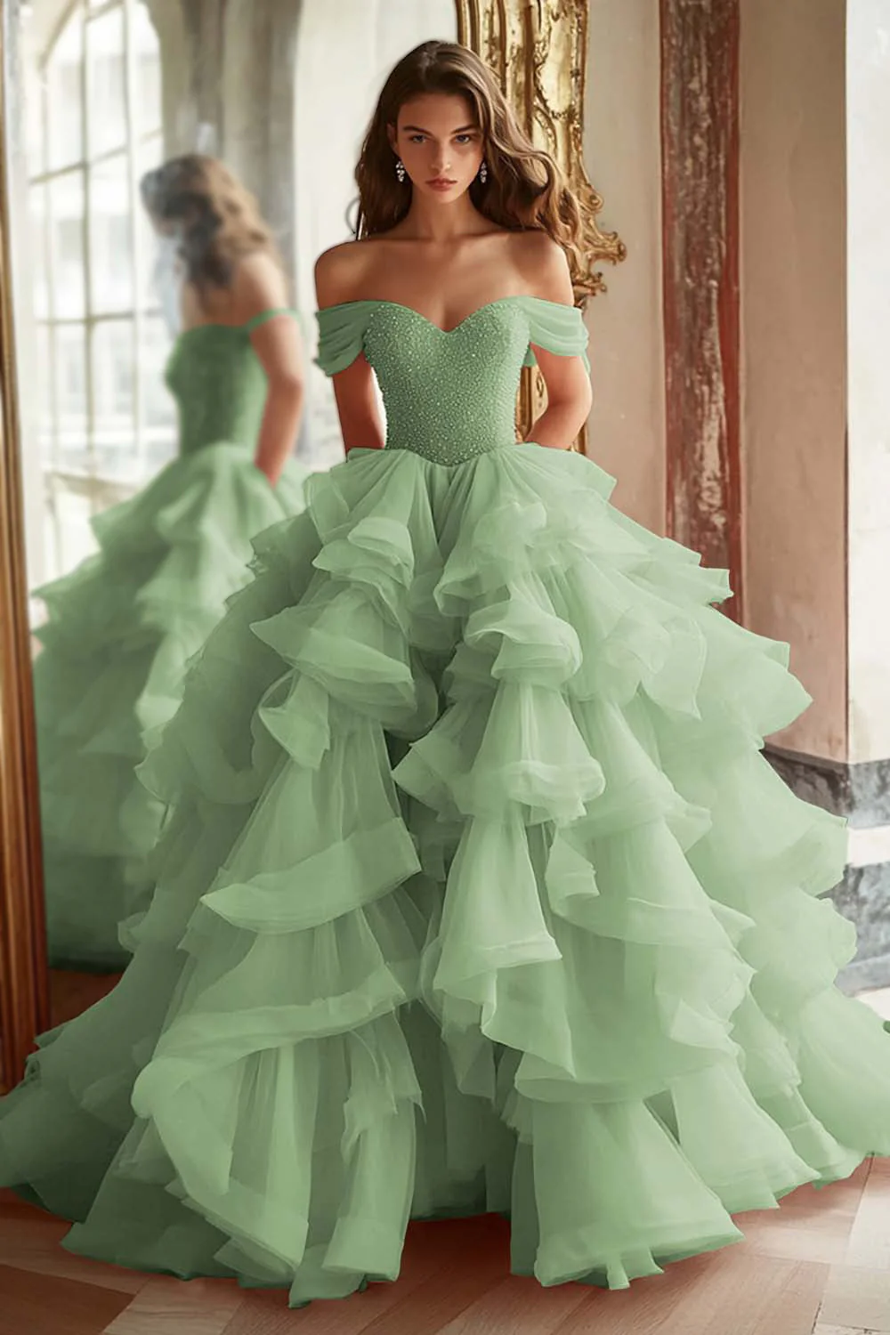 Pink Princess Off The Shoulder Tiered Ruffled Long Prom Dress with Sequins - Image 12