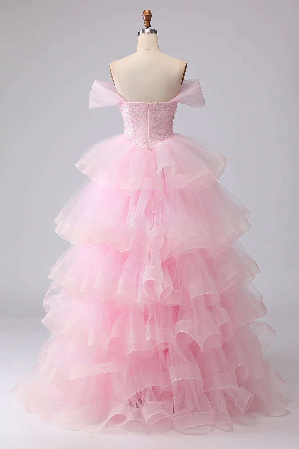 Pink Princess Off The Shoulder Tiered Ruffled Long Prom Dress with Sequins - Image 2