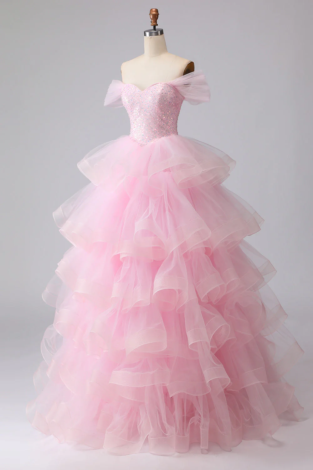 Pink Princess Off The Shoulder Tiered Ruffled Long Prom Dress with Sequins - Image 3
