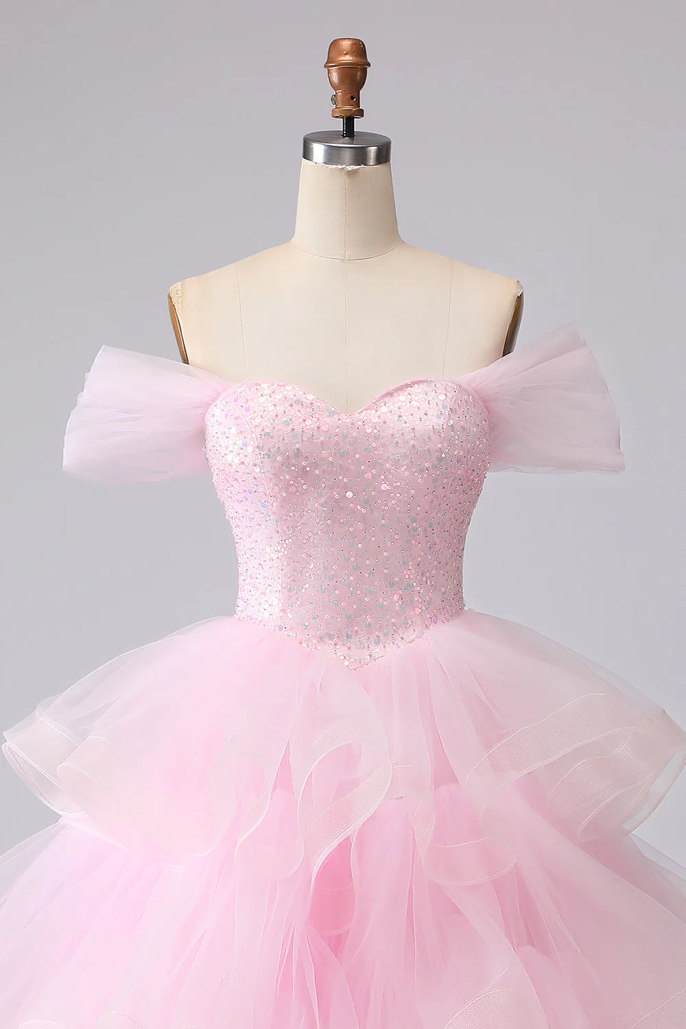 Pink Princess Off The Shoulder Tiered Ruffled Long Prom Dress with Sequins - Image 4