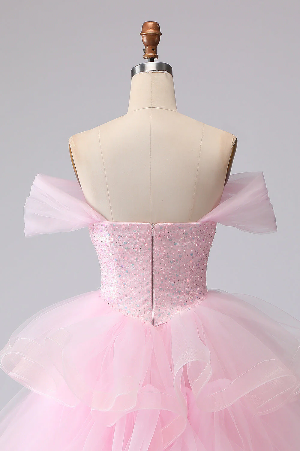 Pink Princess Off The Shoulder Tiered Ruffled Long Prom Dress with Sequins - Image 5