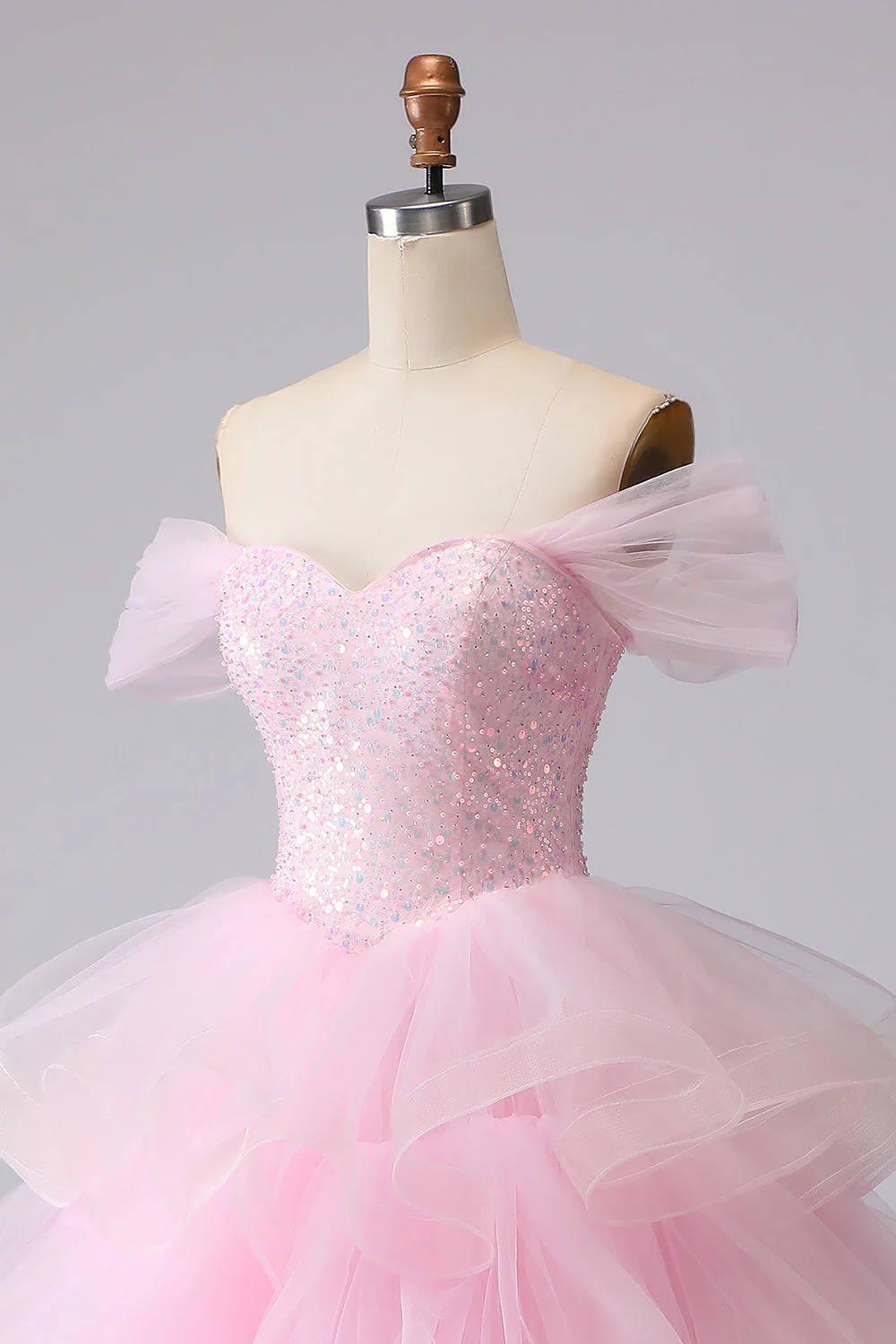 Pink Princess Off The Shoulder Tiered Ruffled Long Prom Dress with Sequins - Image 6