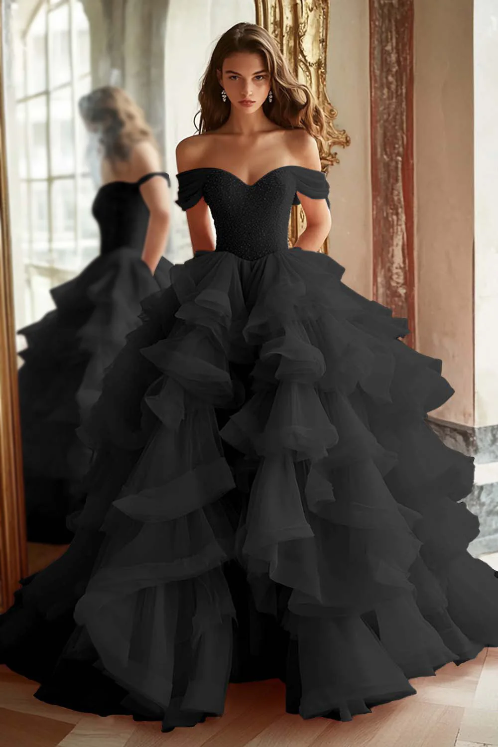 Pink Princess Off The Shoulder Tiered Ruffled Long Prom Dress with Sequins - Image 7