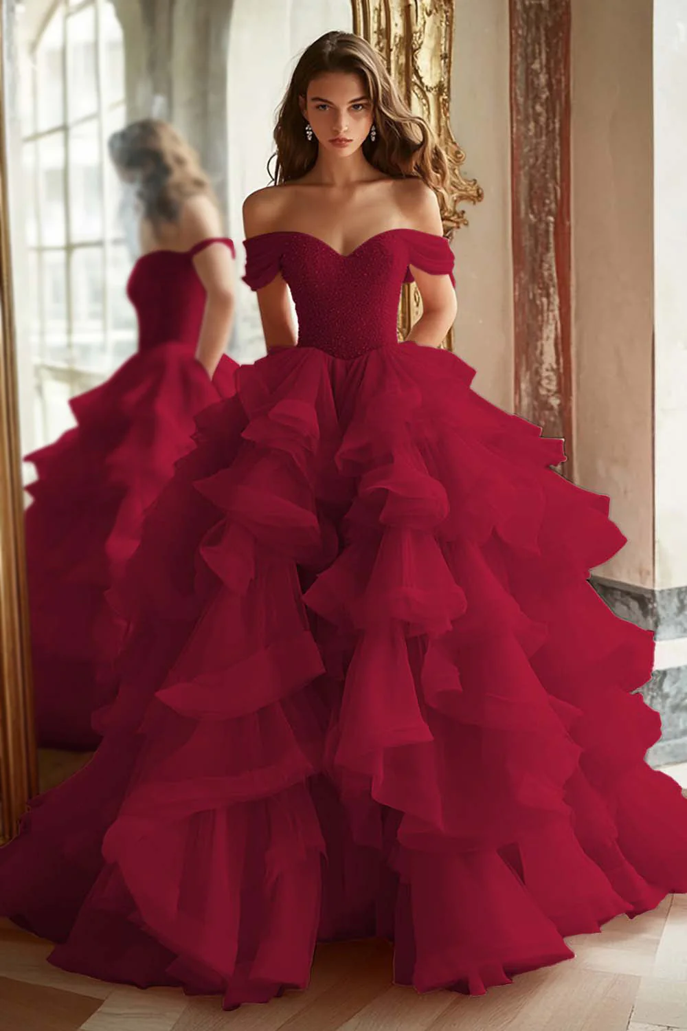 Pink Princess Off The Shoulder Tiered Ruffled Long Prom Dress with Sequins - Image 8