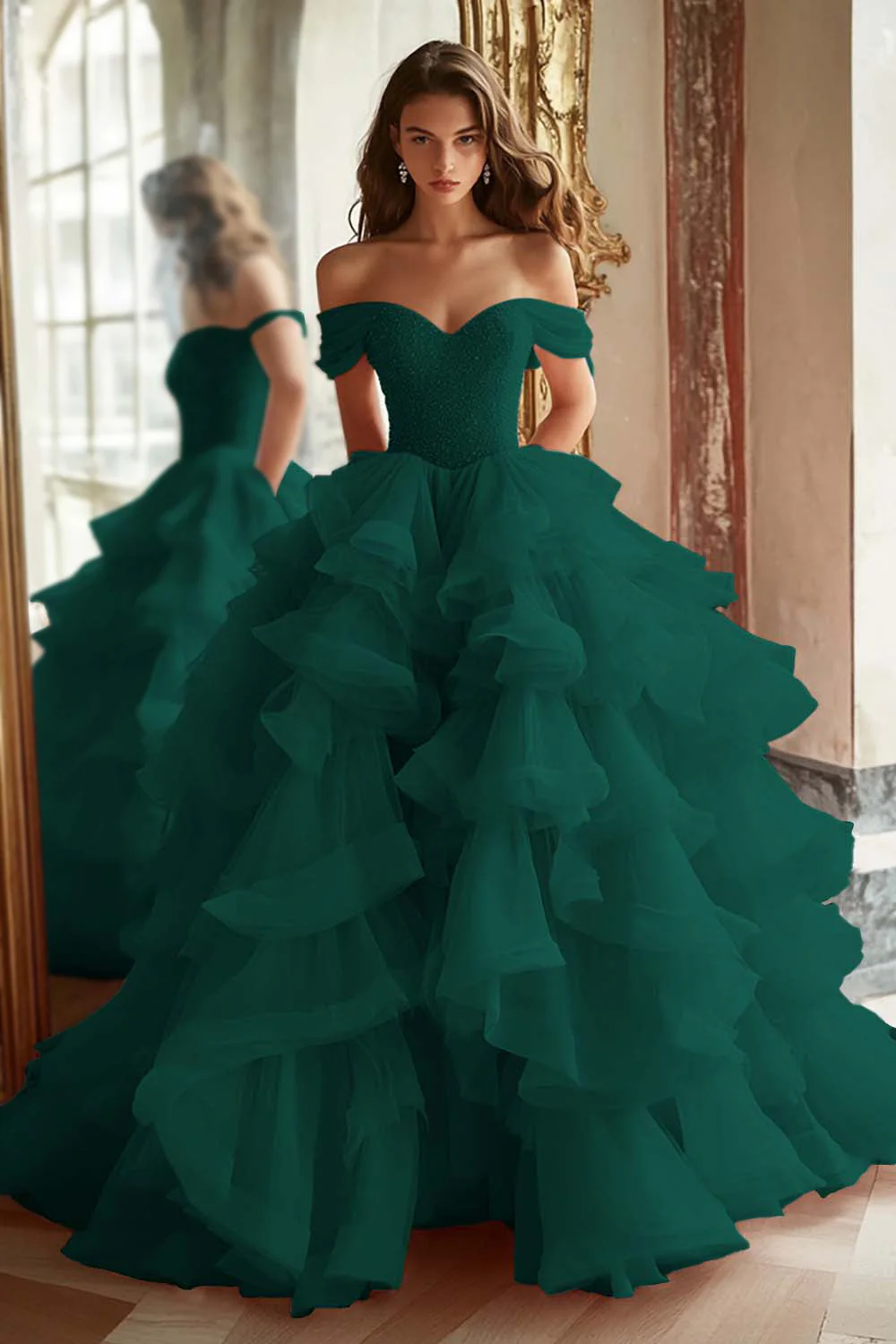 Pink Princess Off The Shoulder Tiered Ruffled Long Prom Dress with Sequins - Image 9