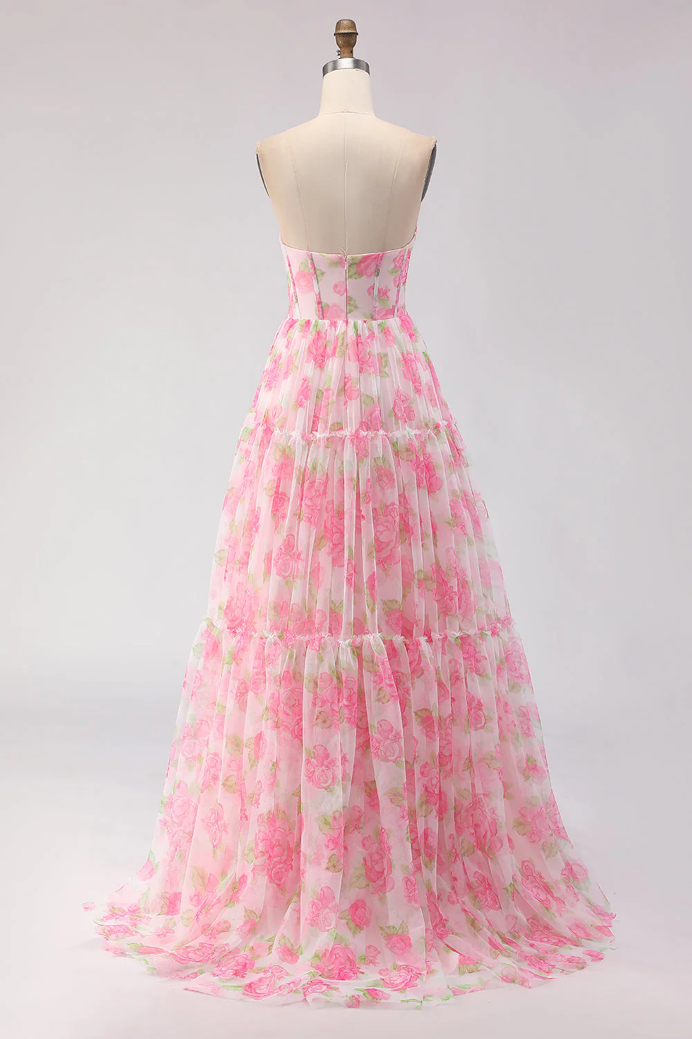 Pink Print Floral Strapless A Line Corset Long Prom Dress - Image 2