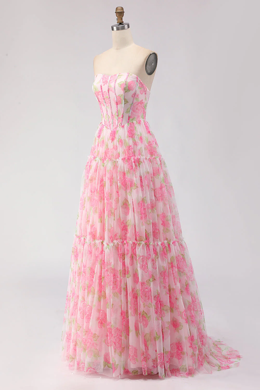 Pink Print Floral Strapless A Line Corset Long Prom Dress - Image 3