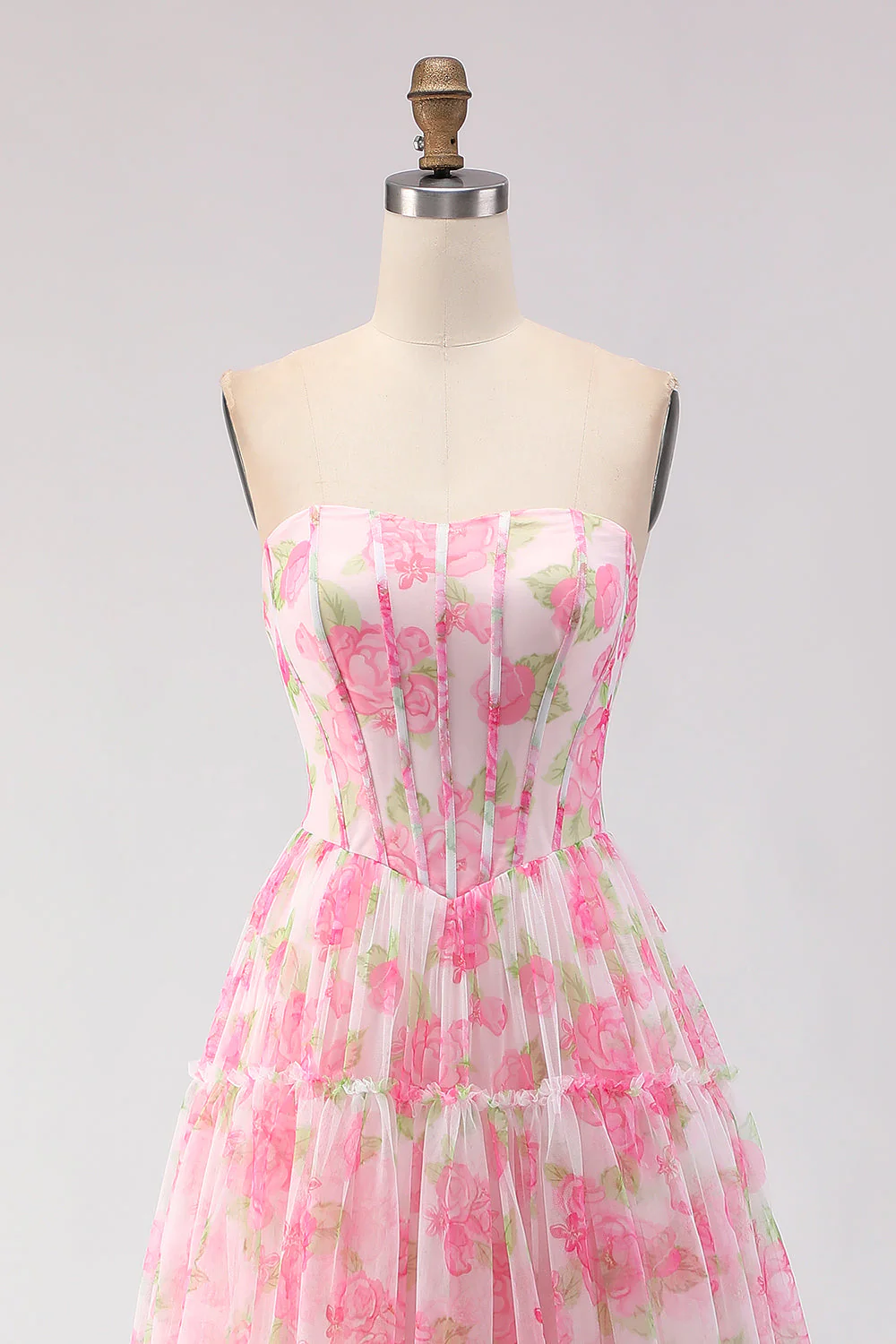 Pink Print Floral Strapless A Line Corset Long Prom Dress - Image 4