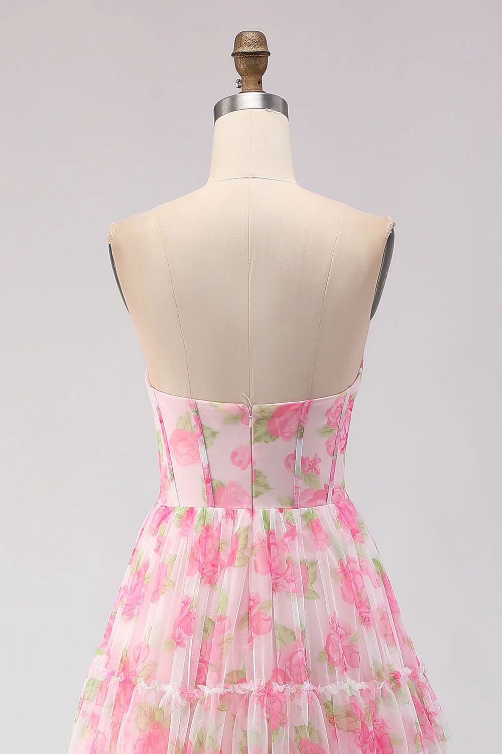 Pink Print Floral Strapless A Line Corset Long Prom Dress - Image 5