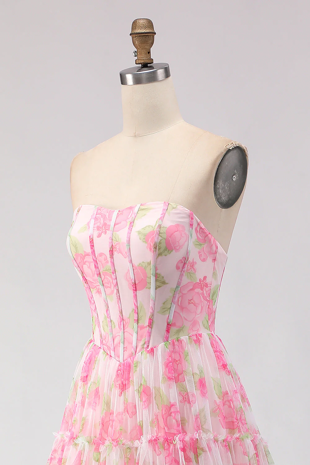 Pink Print Floral Strapless A Line Corset Long Prom Dress - Image 6