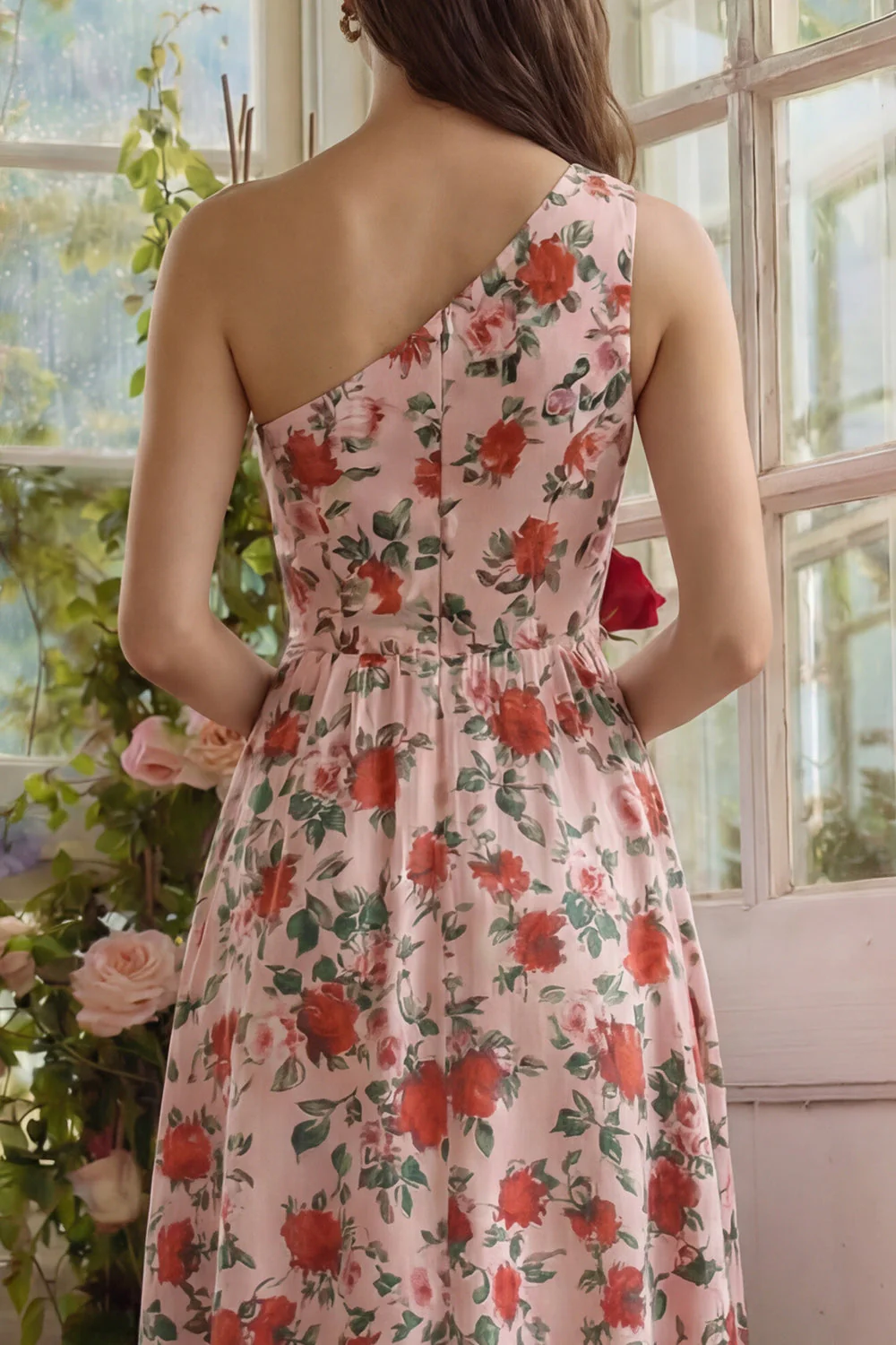 Pink Red Flower One Shoulder Printed  A Line Midi Dress - Image 4