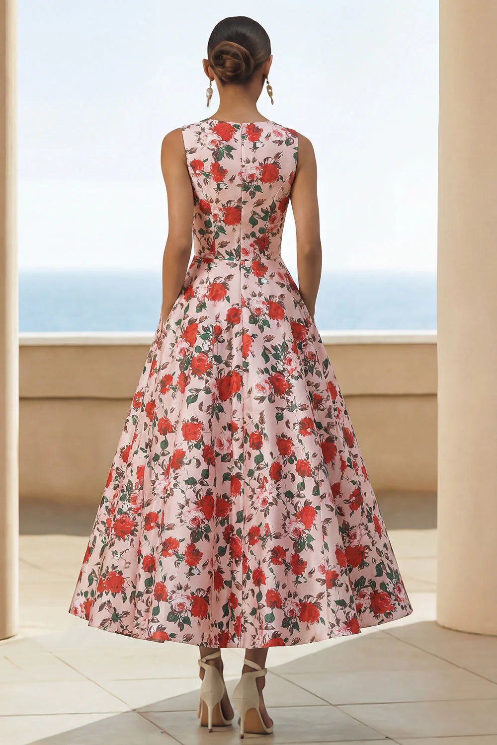 Pink Red Flower Print Round Neck A Line Midi Dress with Pockets - Image 2