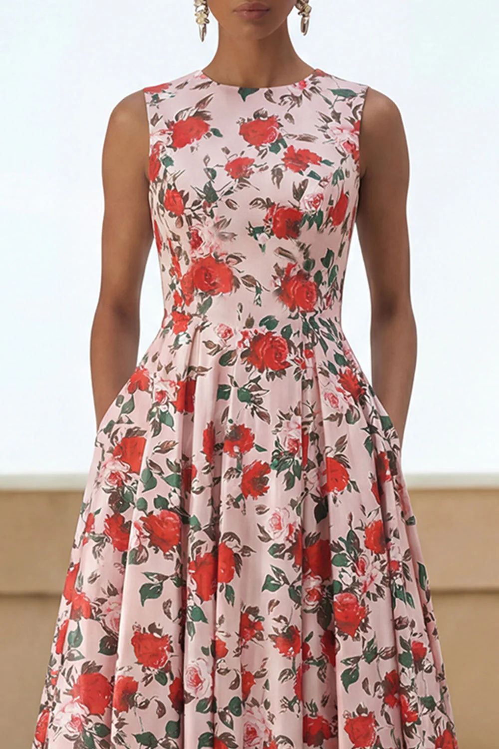 Pink Red Flower Print Round Neck A Line Midi Dress with Pockets - Image 3