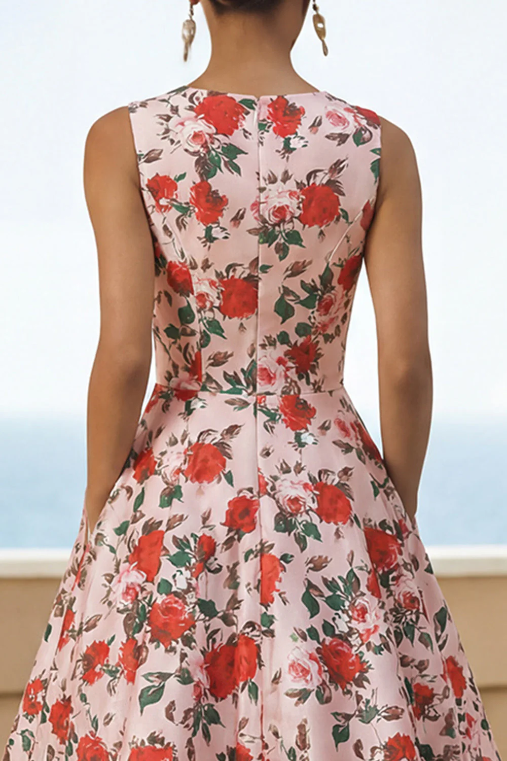 Pink Red Flower Print Round Neck A Line Midi Dress with Pockets - Image 4