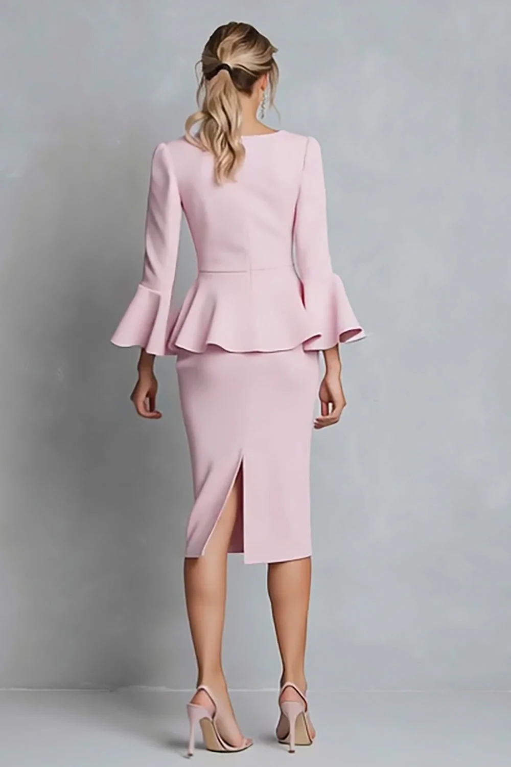 Pink Ruffled Sheath Work Dress with Long Sleeves - Image 2