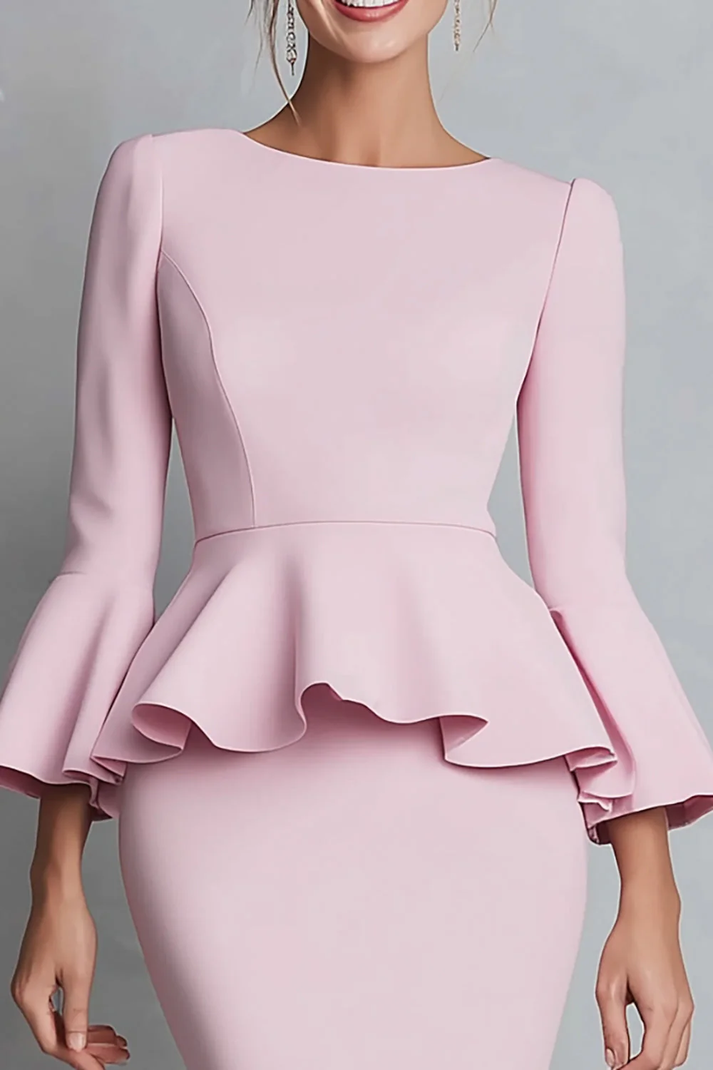 Pink Ruffled Sheath Work Dress with Long Sleeves - Image 3