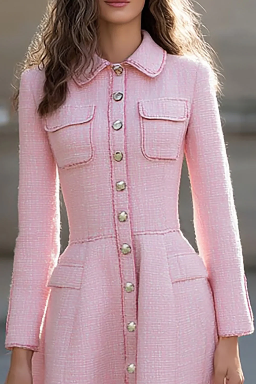 Pink Single-breasted A Line Long Sleeve Work Dress - Image 2
