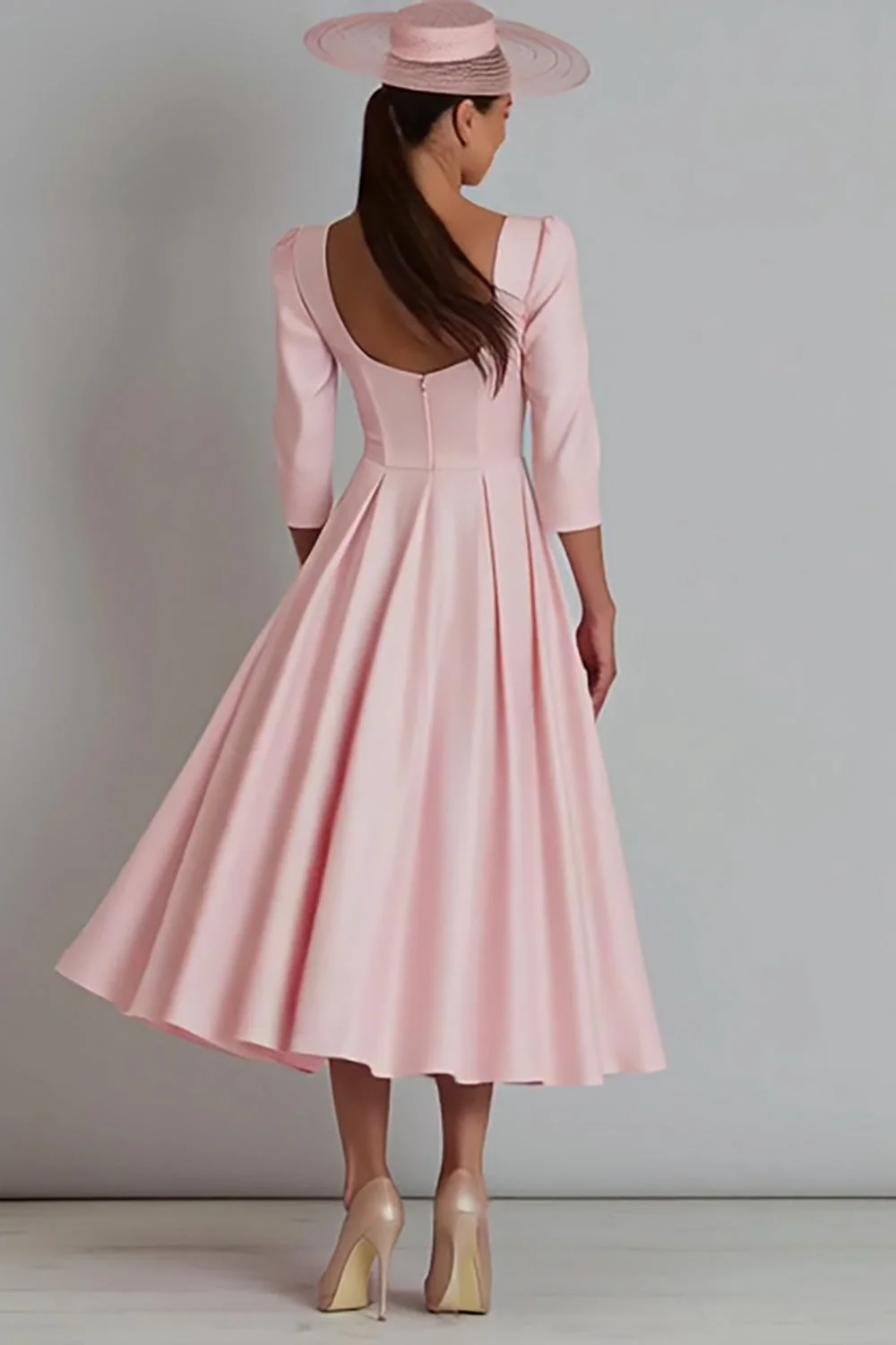 Pink Square Neck A Line Satin Work Dress with Sleeves - Image 2