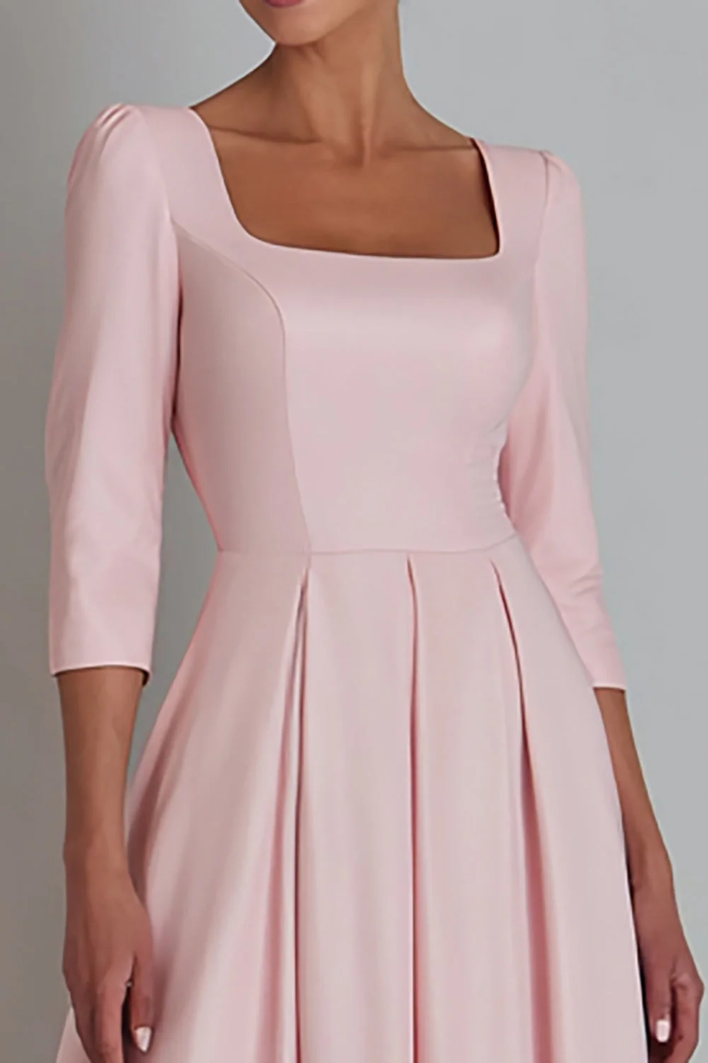 Pink Square Neck A Line Satin Work Dress with Sleeves - Image 3