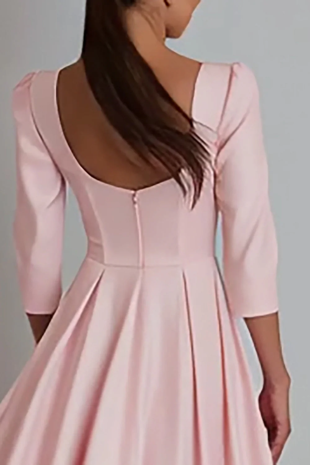 Pink Square Neck A Line Satin Work Dress with Sleeves - Image 4
