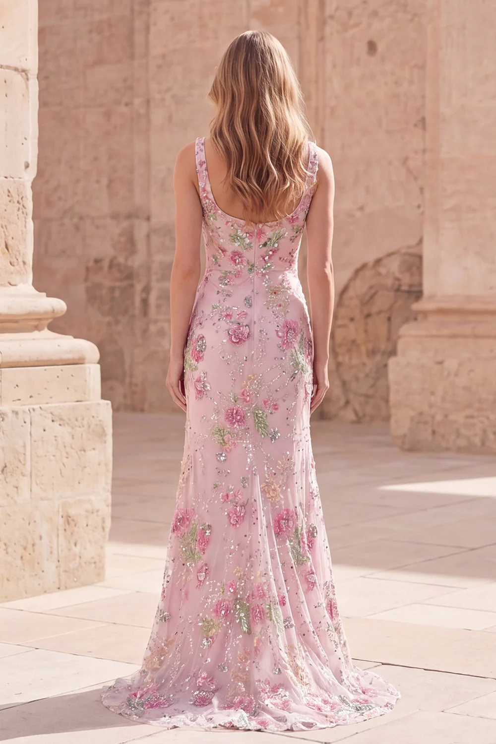 Pink Mermaid Square Neck Floral Long Prom Dress with Sequins - Image 2