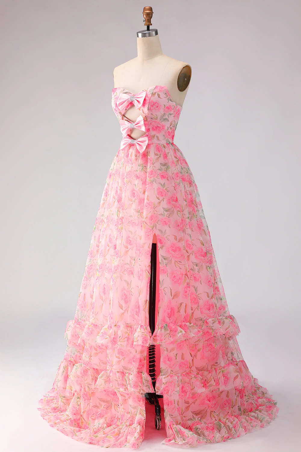 Pink Strapless A-Line Cut Out Bowed Floral Long Prom Dress with Slit - Image 3