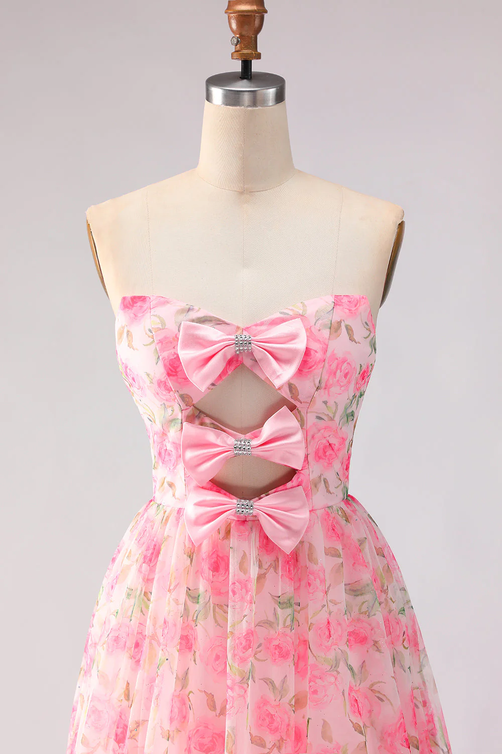 Pink Strapless A-Line Cut Out Bowed Floral Long Prom Dress with Slit - Image 4