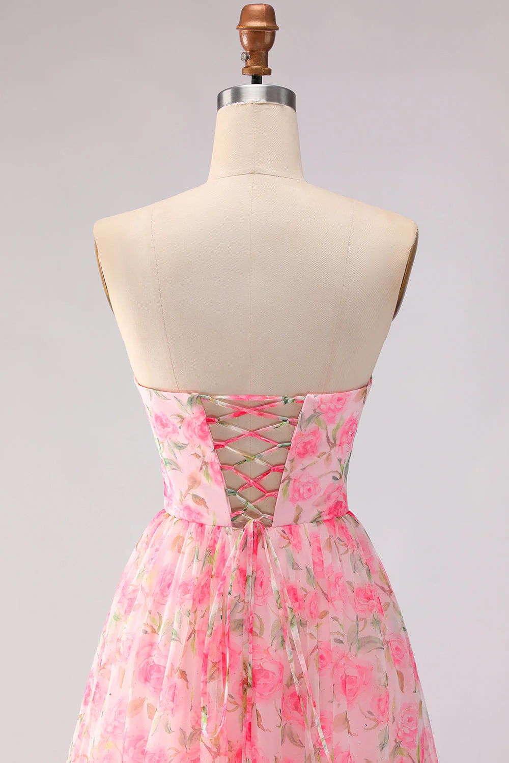 Pink Strapless A-Line Cut Out Bowed Floral Long Prom Dress with Slit - Image 5