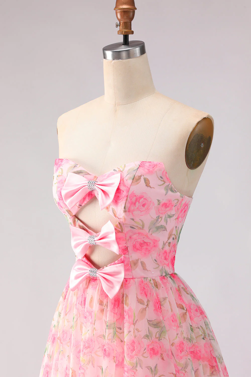 Pink Strapless A-Line Cut Out Bowed Floral Long Prom Dress with Slit - Image 6