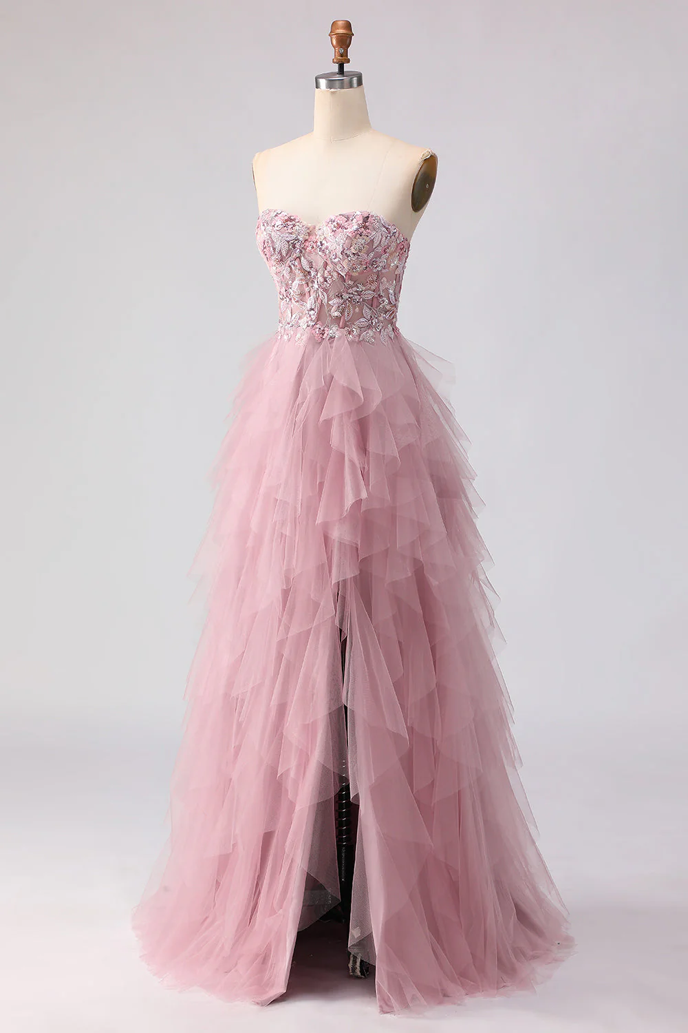 Pink Strapless A-Line Ruffled Beaded Long Prom Dress with Slit - Image 2