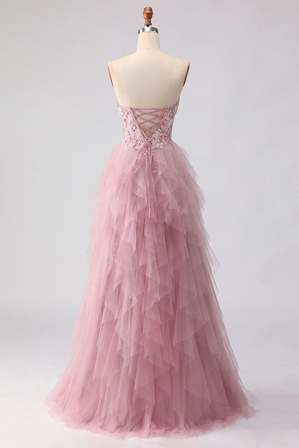 Pink Strapless A-Line Ruffled Beaded Long Prom Dress with Slit - Image 3