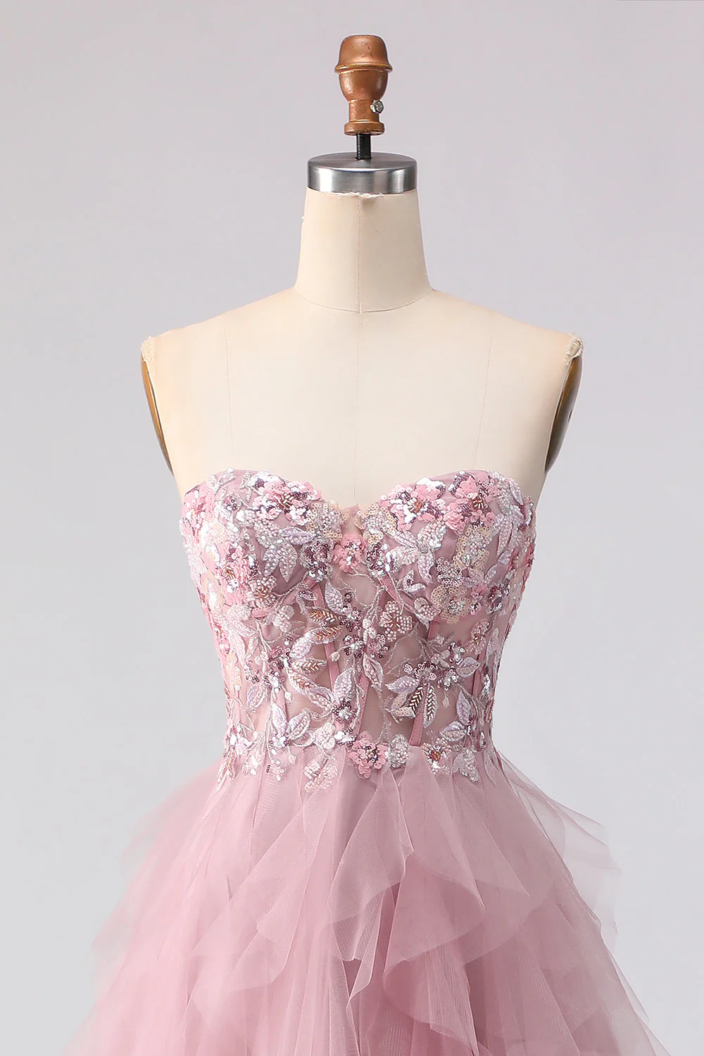 Pink Strapless A-Line Ruffled Beaded Long Prom Dress with Slit - Image 4