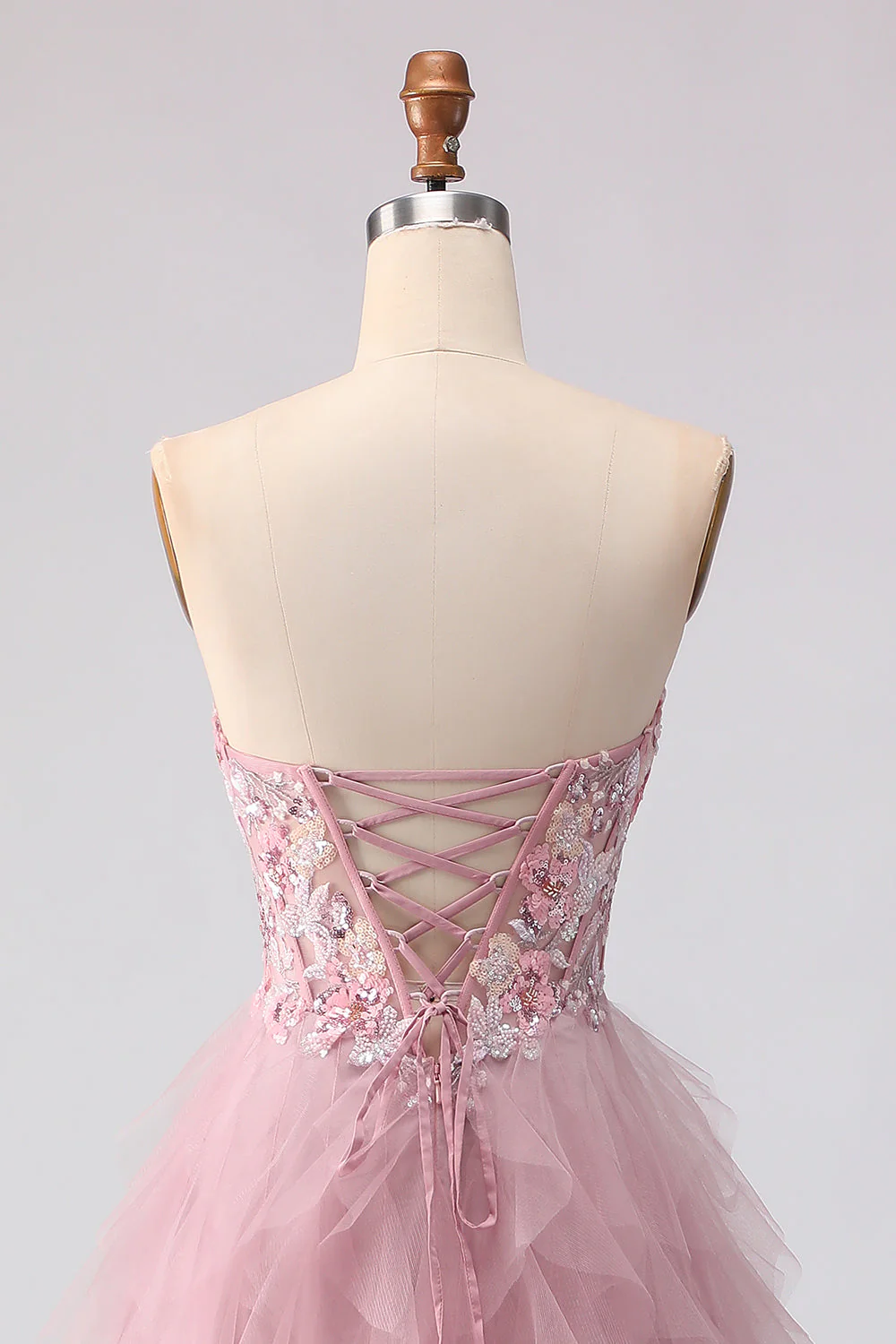 Pink Strapless A-Line Ruffled Beaded Long Prom Dress with Slit - Image 5