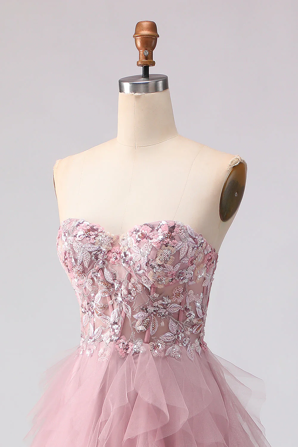 Pink Strapless A-Line Ruffled Beaded Long Prom Dress with Slit - Image 6