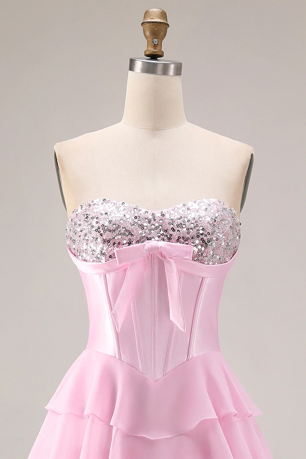 Pink Strapless A-Line Tiered Corset Sequin Long Prom Dress with Slit - Image 6