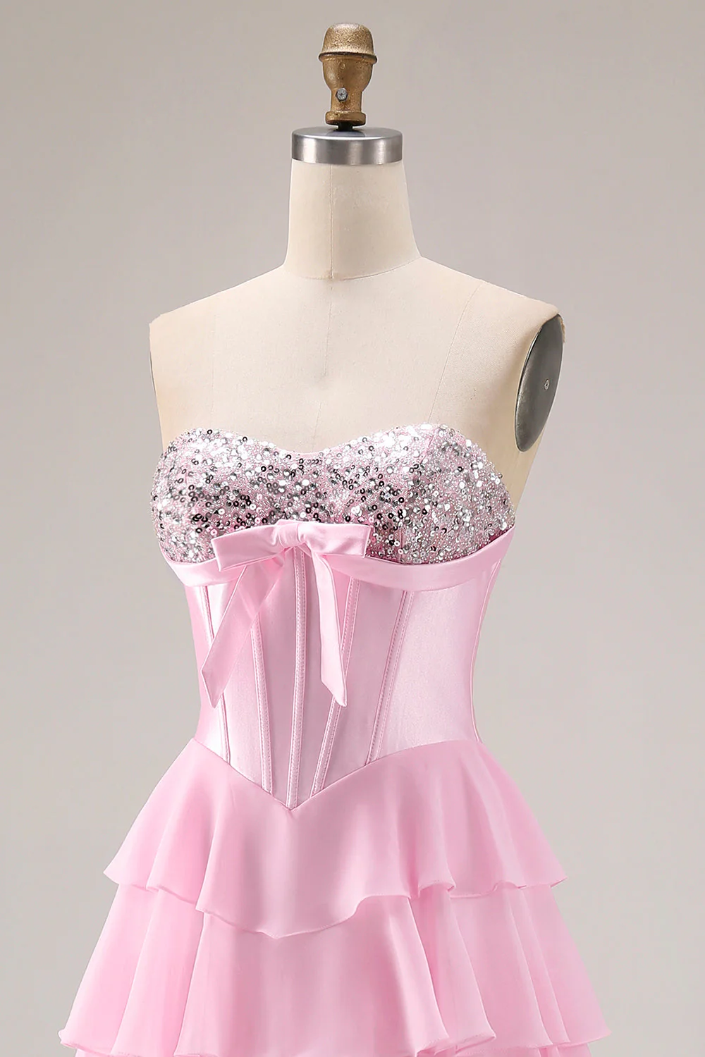 Pink Strapless A-Line Tiered Corset Sequin Long Prom Dress with Slit - Image 8