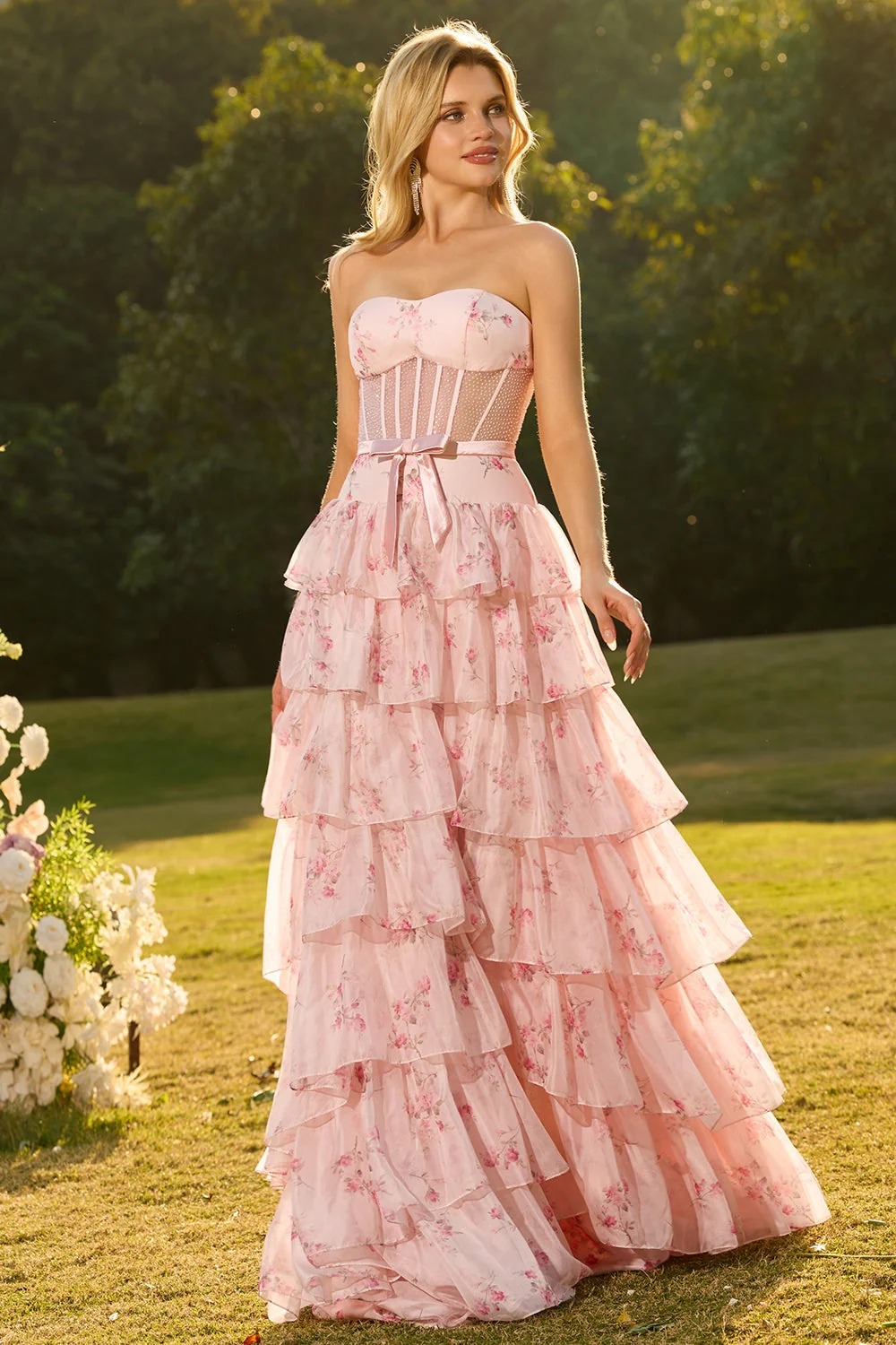 Pink Strapless Floral A Line Corset Beaded Tiered Long Prom Dress with Ruffles - Image 4