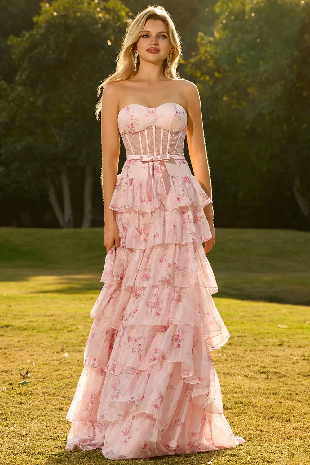Pink Strapless Floral A Line Corset Beaded Tiered Long Prom Dress with Ruffles - Image 6