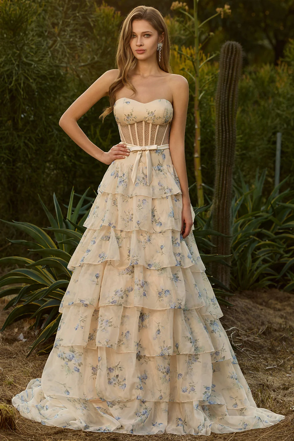 Pink Strapless Floral A Line Corset Beaded Tiered Long Prom Dress with Ruffles - Image 8